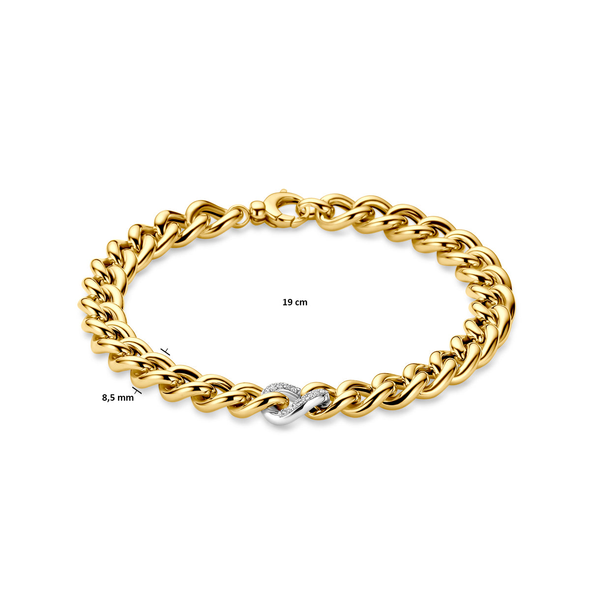 Afmetingen van de 14 karaat bicolor gourmette armband met diamant 0,12 ct: 19 cm lang, schakel 8,5 mm