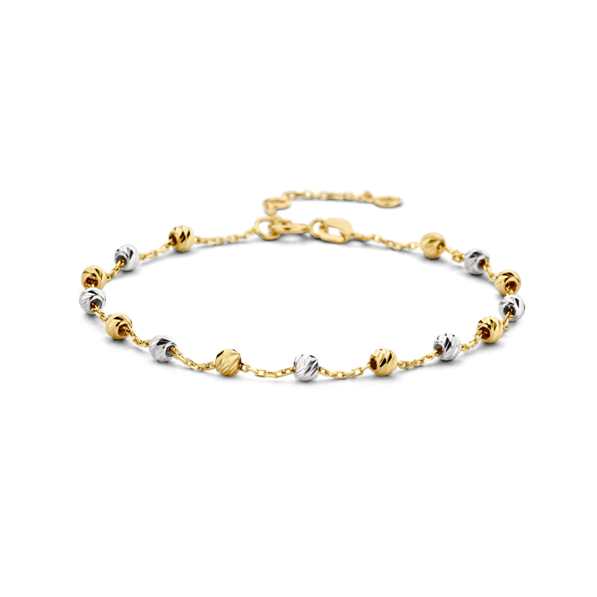 Vooraanzicht van de bicolor gouden armband met bolletjes van 14 karaat.