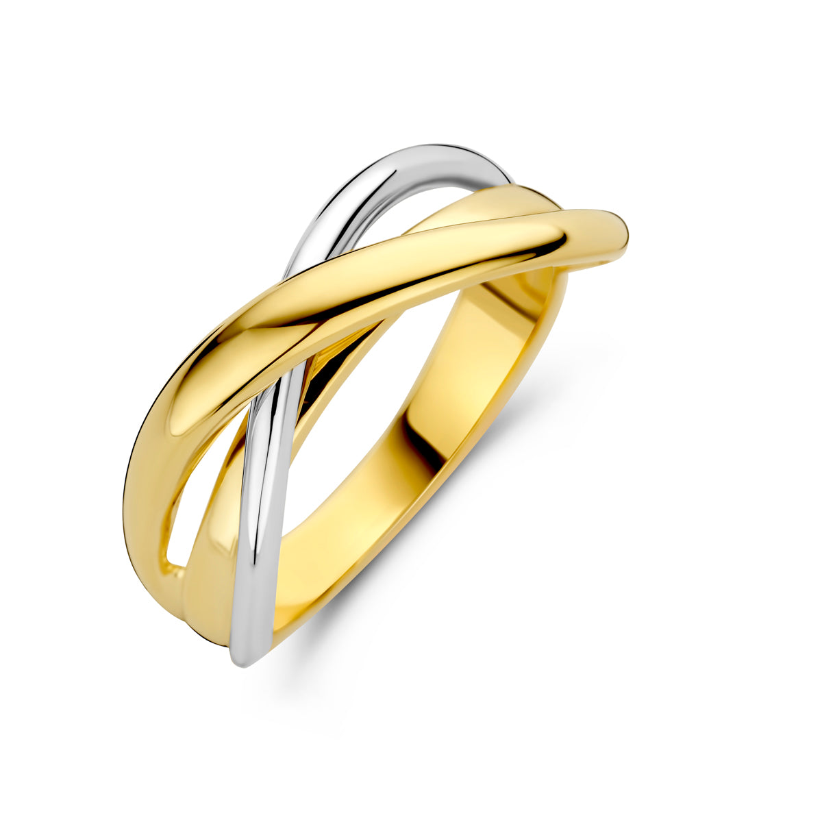 Schuin bovenaanzicht van de bicolor gouden brede ring van 14 karaat.