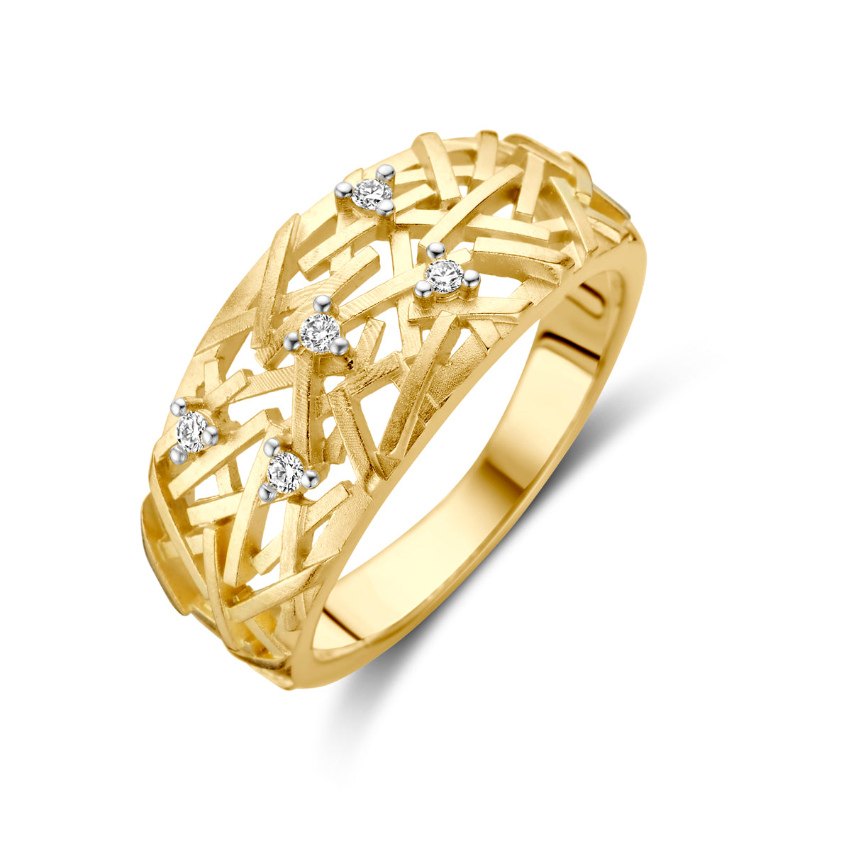 Schuin bovenaanzicht van de bicolor gouden opengewerkte ring met diamant van 14 karaat.