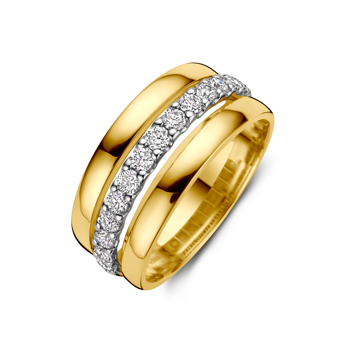 Schuin bovenaanzicht van de bicolor gouden brede ring met diamant van 14 karaat.