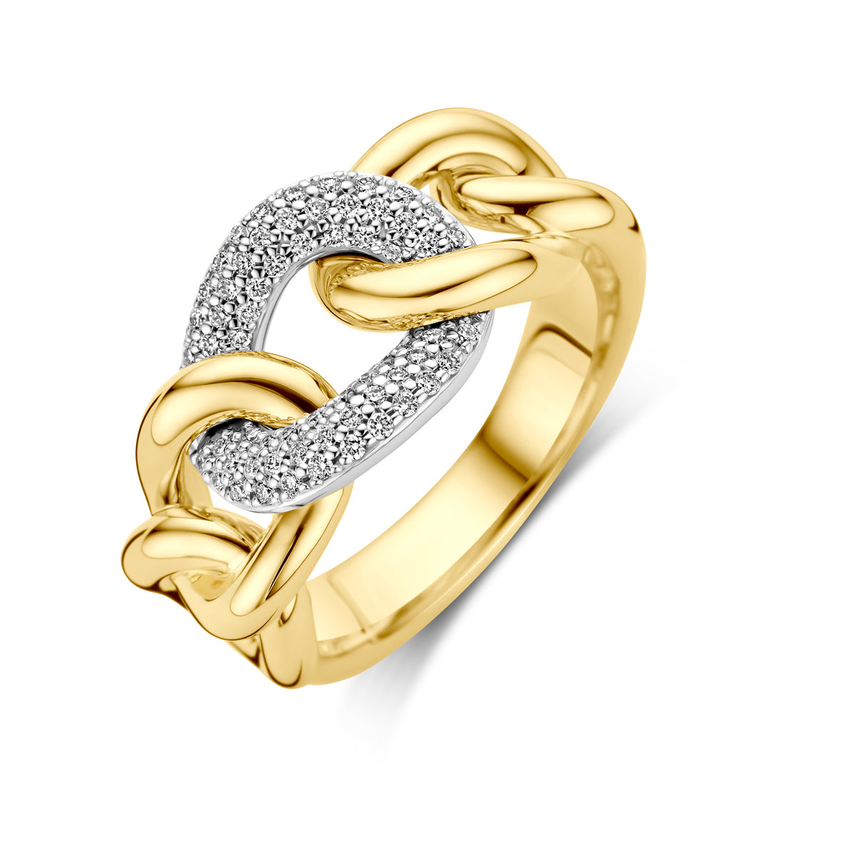 Schuin bovenaanzicht van de bicolor gouden schakelring met diamant van 14 karaat.