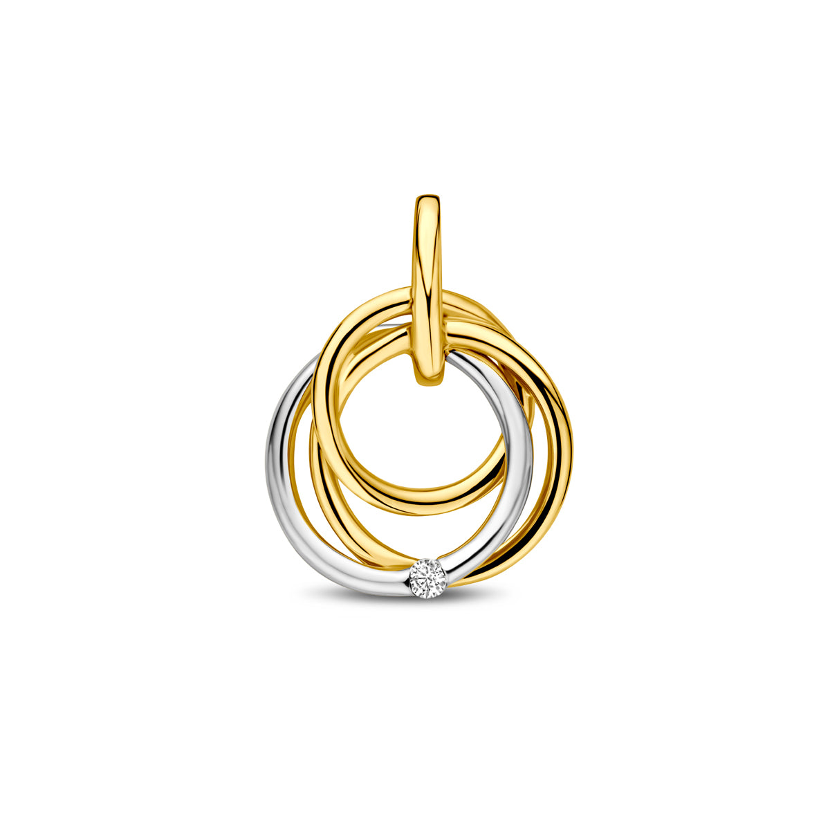 Vooraanzicht van de bicolor gouden cirkel hanger met diamant van 14 karaat.