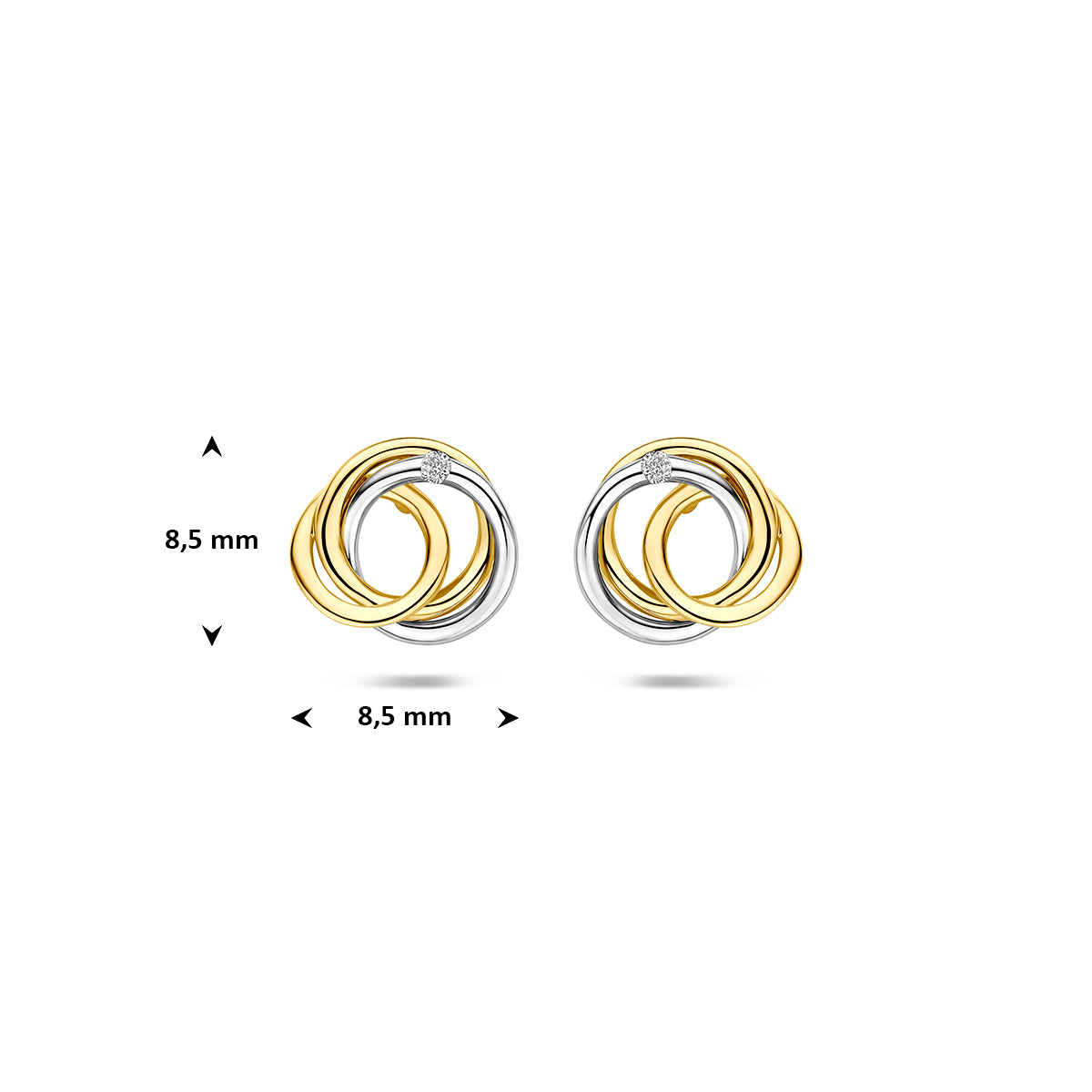 Afmetingen van de bicolor gouden cirkel oorknopjes met diamant van 14 karaat: 8,5 mm hoog en 8,5 mm breed.