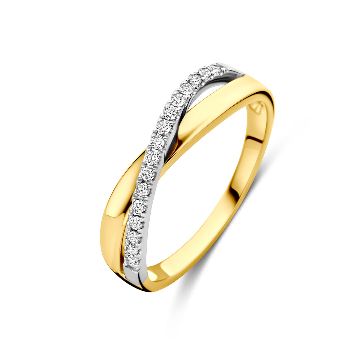 Schuin bovenaanzicht van de bicolor gouden ring met diamant van 14 karaat.