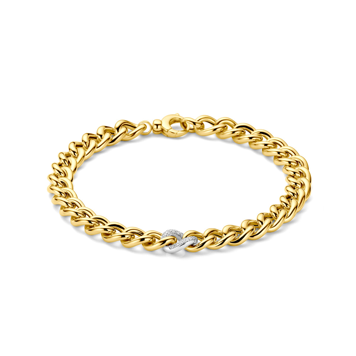 Vooraanzicht van de bicolor gouden gourmet armband met diamant van 14 karaat.