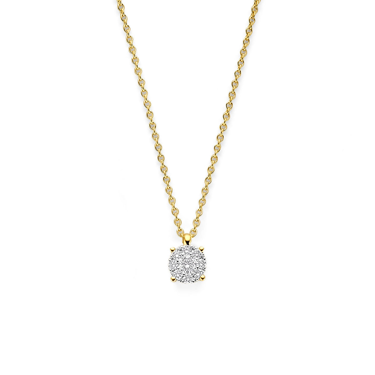 Vooraanzicht van de bicolor gouden halsketting met diamant van 14 karaat.