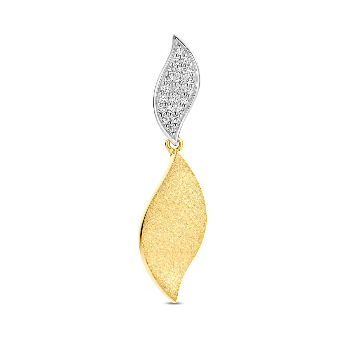 Vooraanzicht van de 14 karaat bicolor gouden hanger met diamant 0,09 ct, 31 mm hoog en 7,5 mm breed.