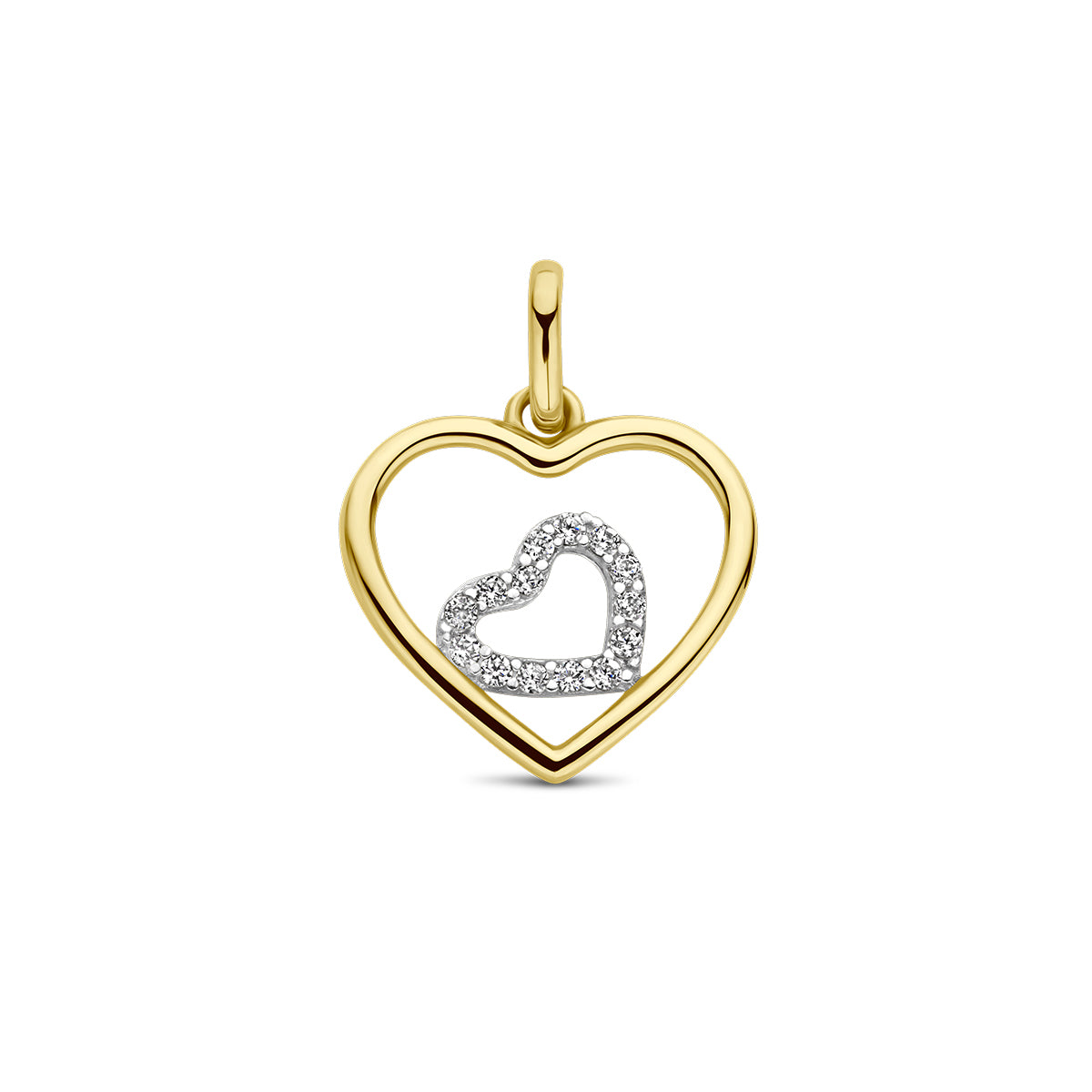 Vooraanzicht van de 14 karaat bicolor gouden hanger dubbel hart zirkonia, 11,5 mm hoog en 13 mm breed.