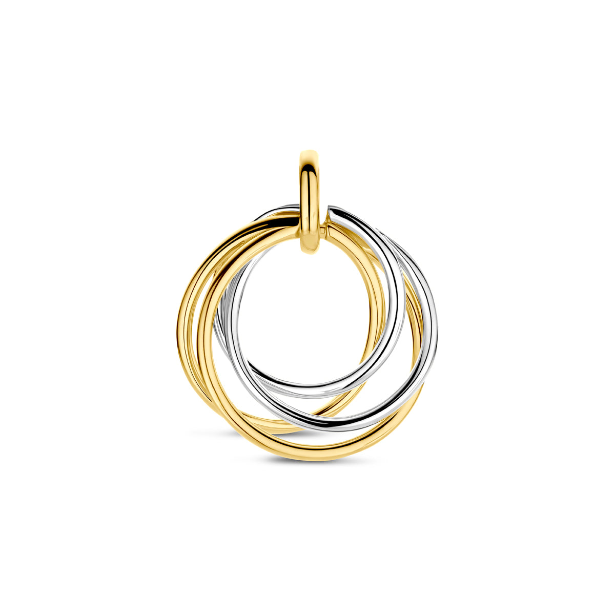 Vooraanzicht van de bicolor gouden hanger met cirkels van 14 karaat.