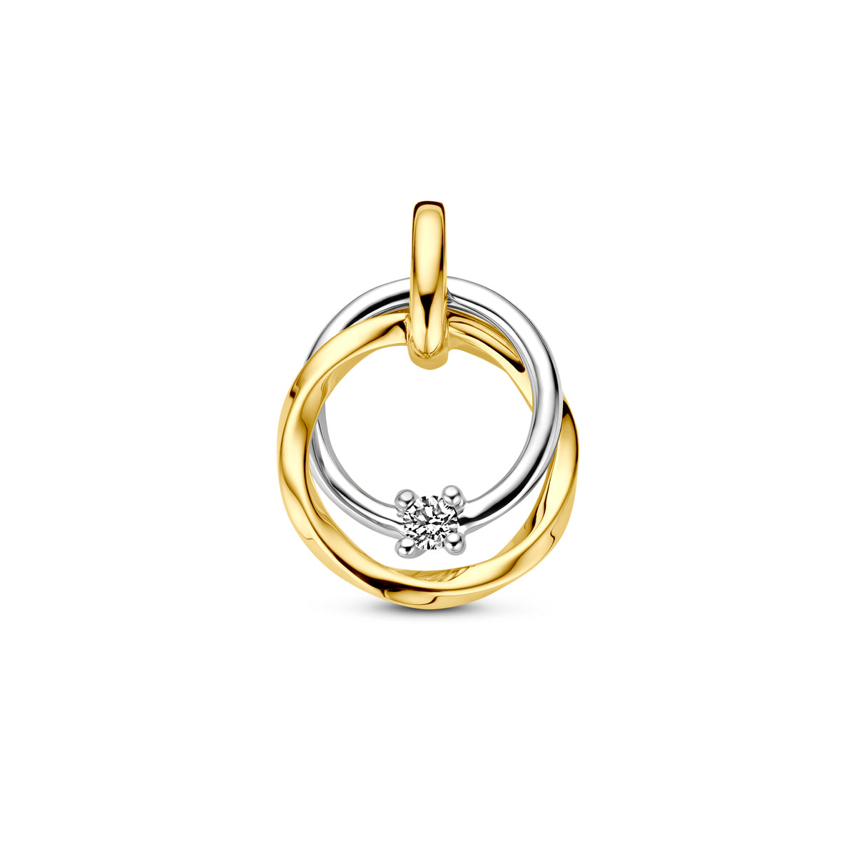 Vooraanzicht van de bicolor gouden hanger met diamant van 14 karaat.