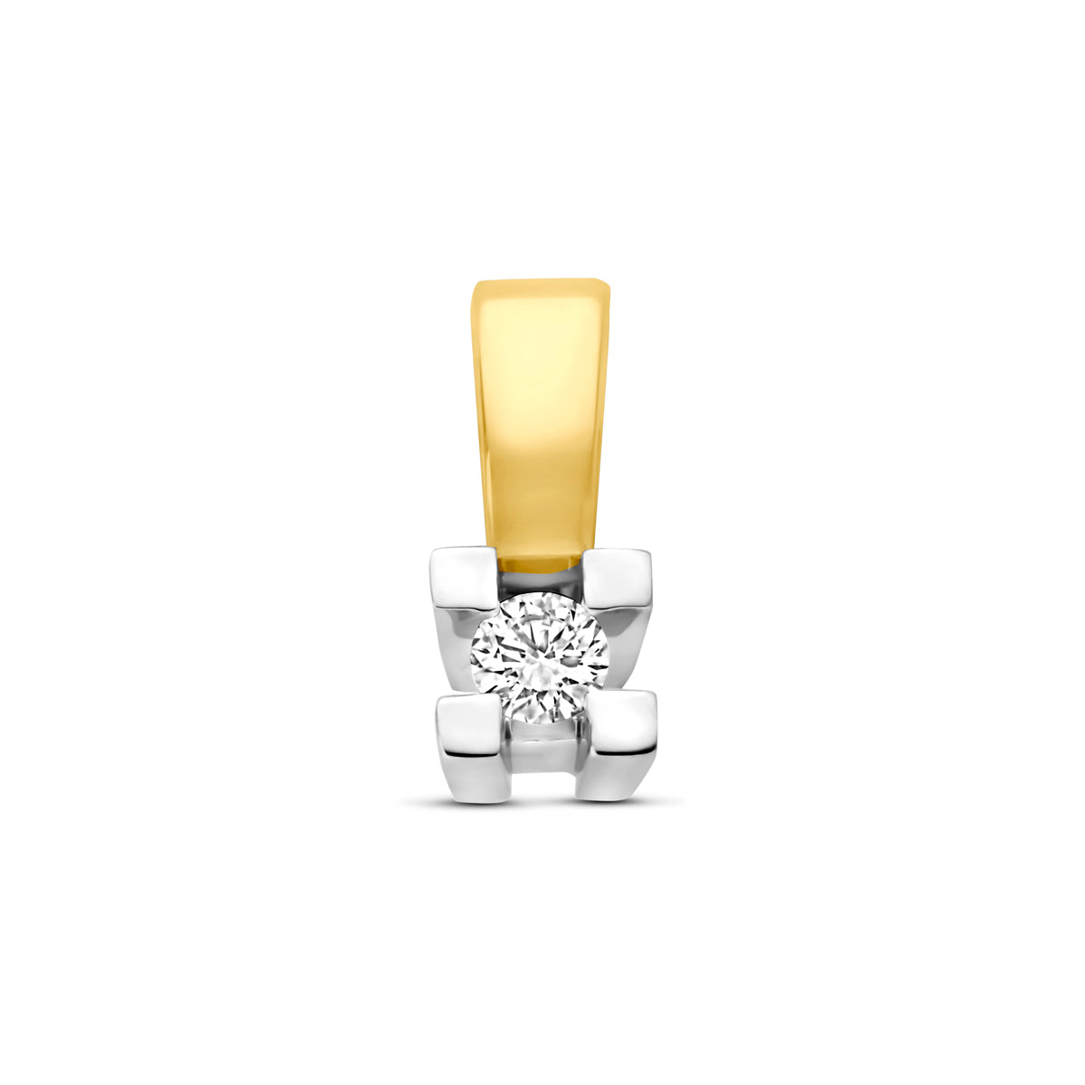 Vooraanzicht van de bicolor gouden hanger met diamant van 14 karaat.