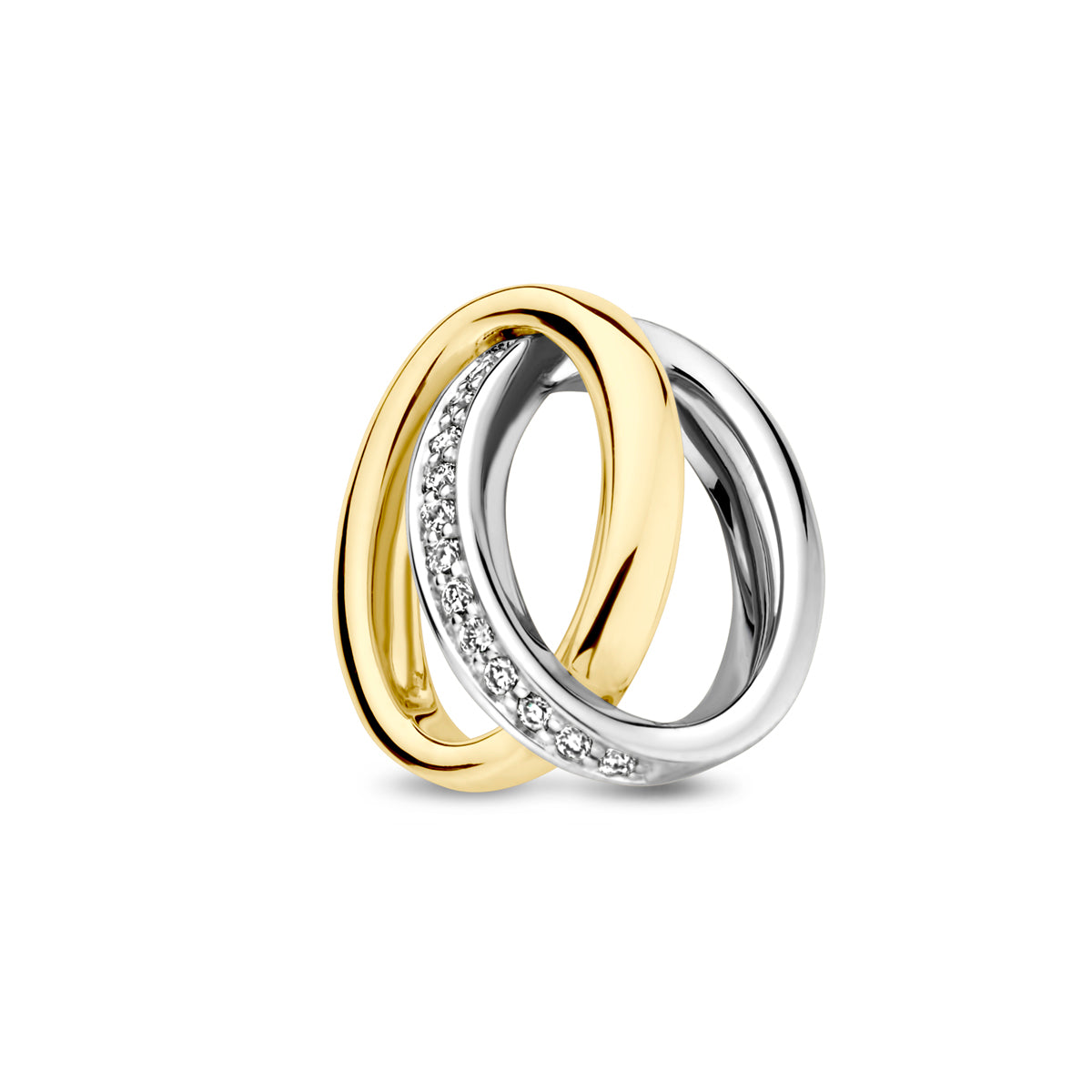 Vooraanzicht van de bicolor gouden hanger met diamant van 14 karaat.