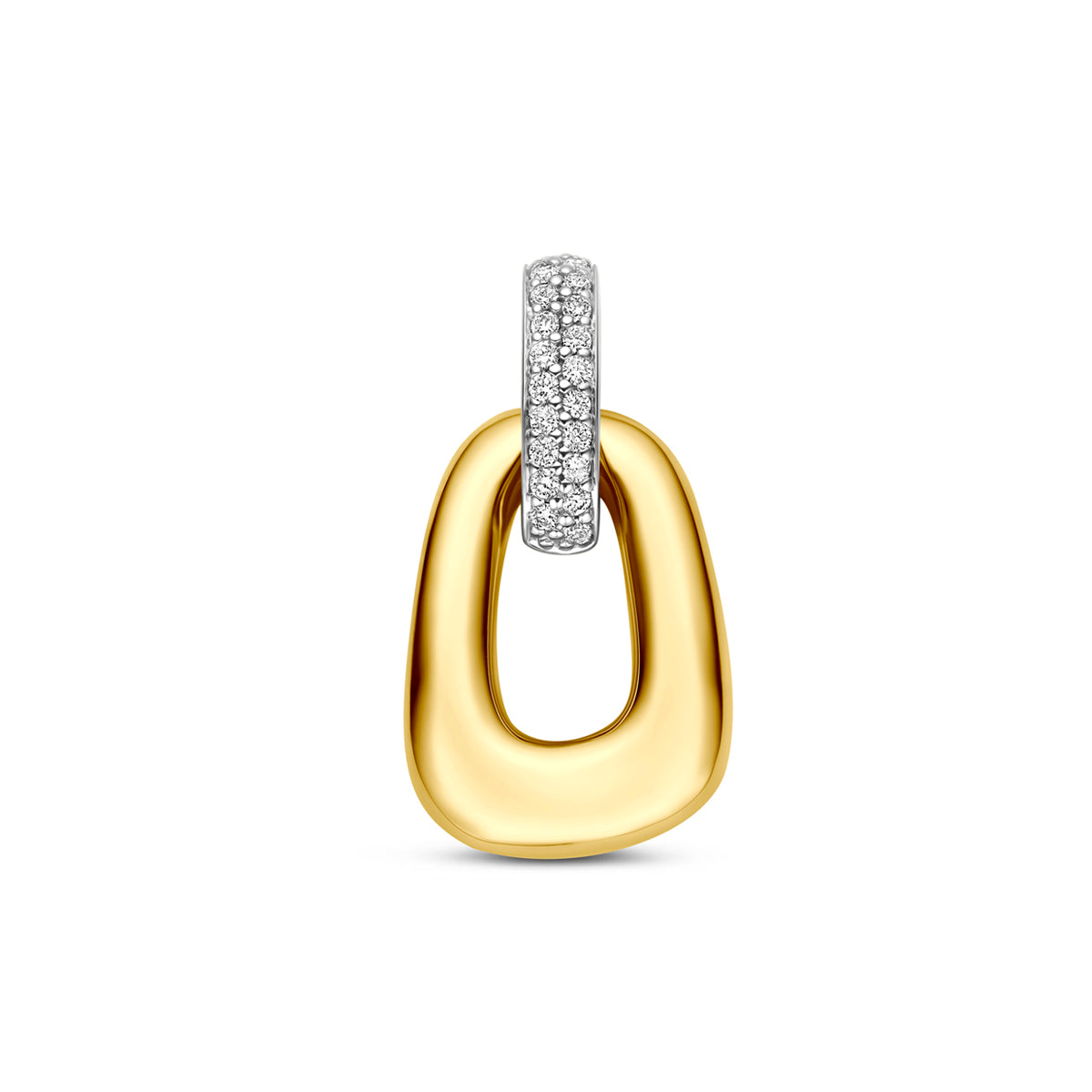 Vooraanzicht van de bicolor gouden hanger met diamant van 14 karaat.