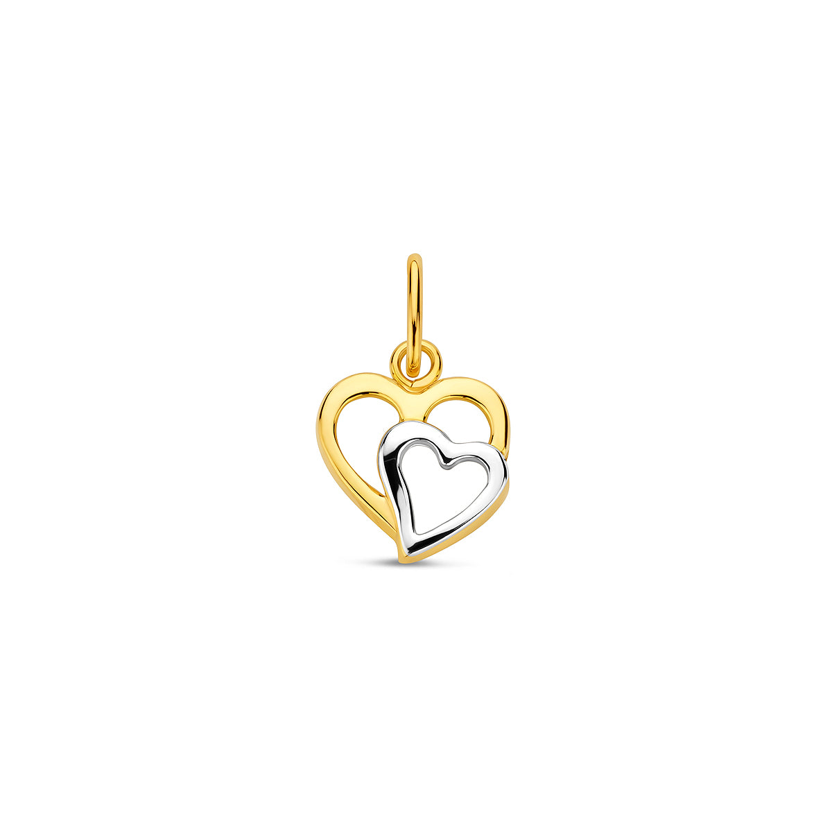 Vooraanzicht van de bicolor gouden hartje hanger van 14 karaat.