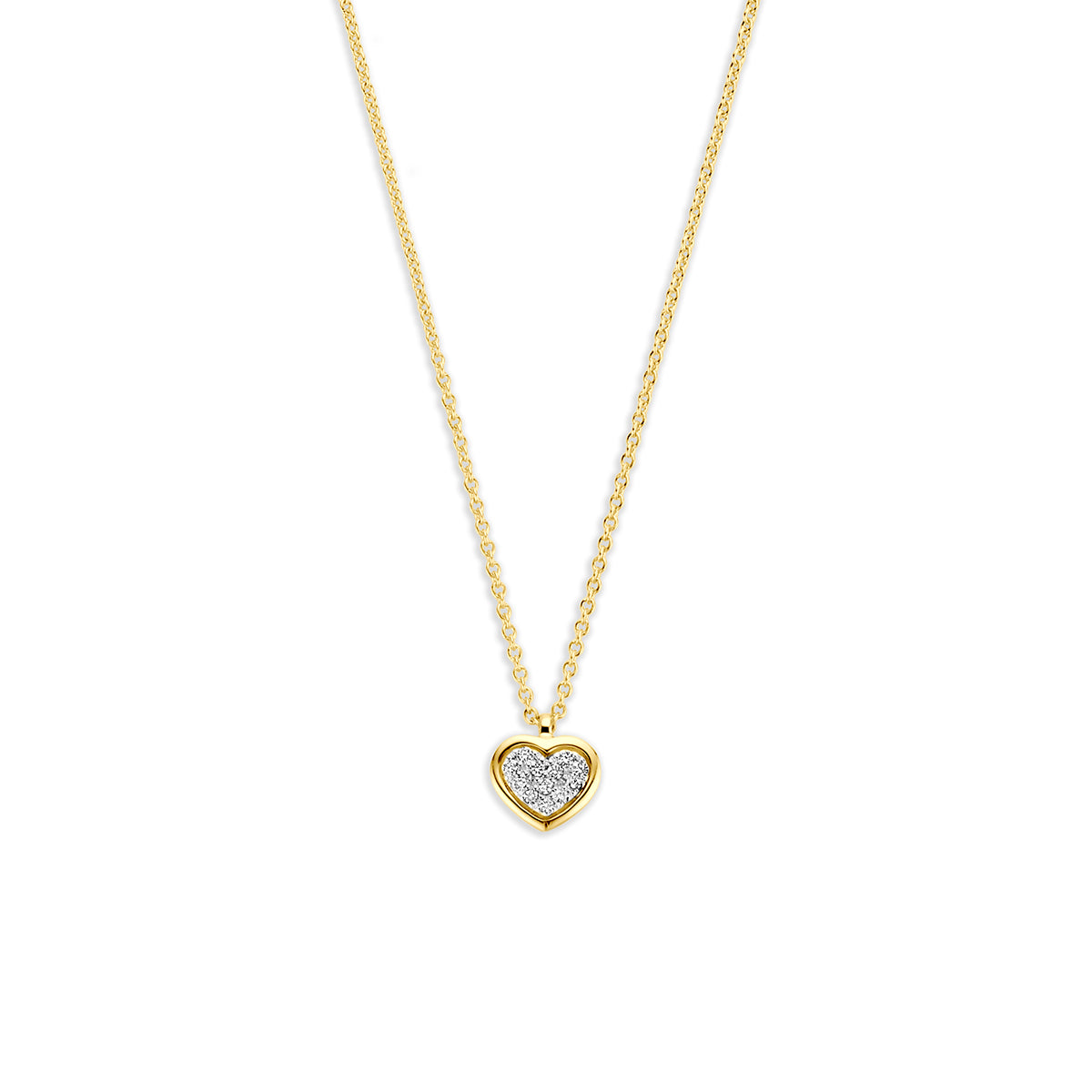 Gouden ketting met diamant: vooraanzicht van de 14 karaat bicolor gouden hartjesketting met diamant 0,05 ct.