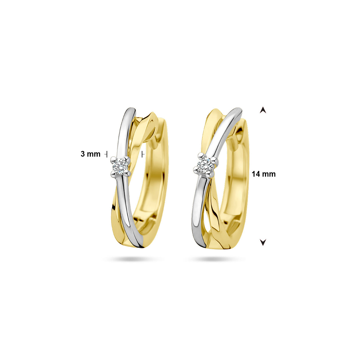 Afmetingen van de bicolor gouden klapoorringen met diamant van 14 karaat: 14 mm hoog en 3 mm breed.