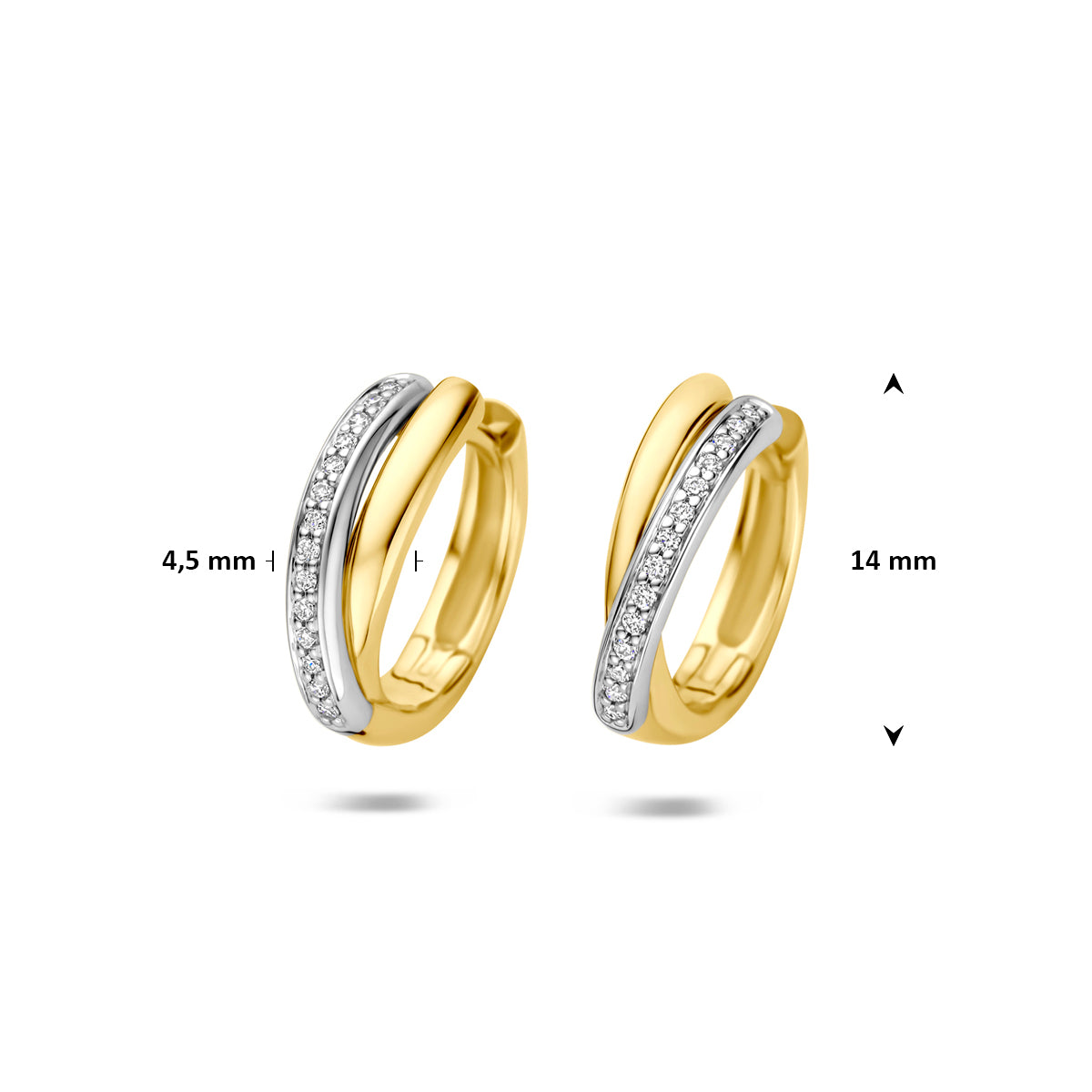 Afmetingen van de bicolor gouden klapoorringen met diamant van 14 karaat: 14 mm hoog en 4,5 mm breed, 0,09 ct.