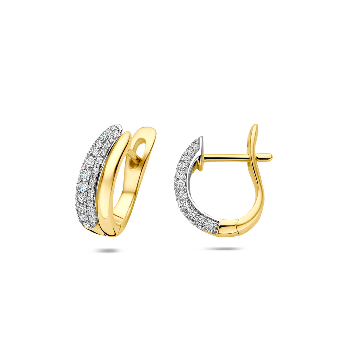 Voor- en zijaanzicht van de bicolor gouden klapoorringen met diamant van 14 karaat.
