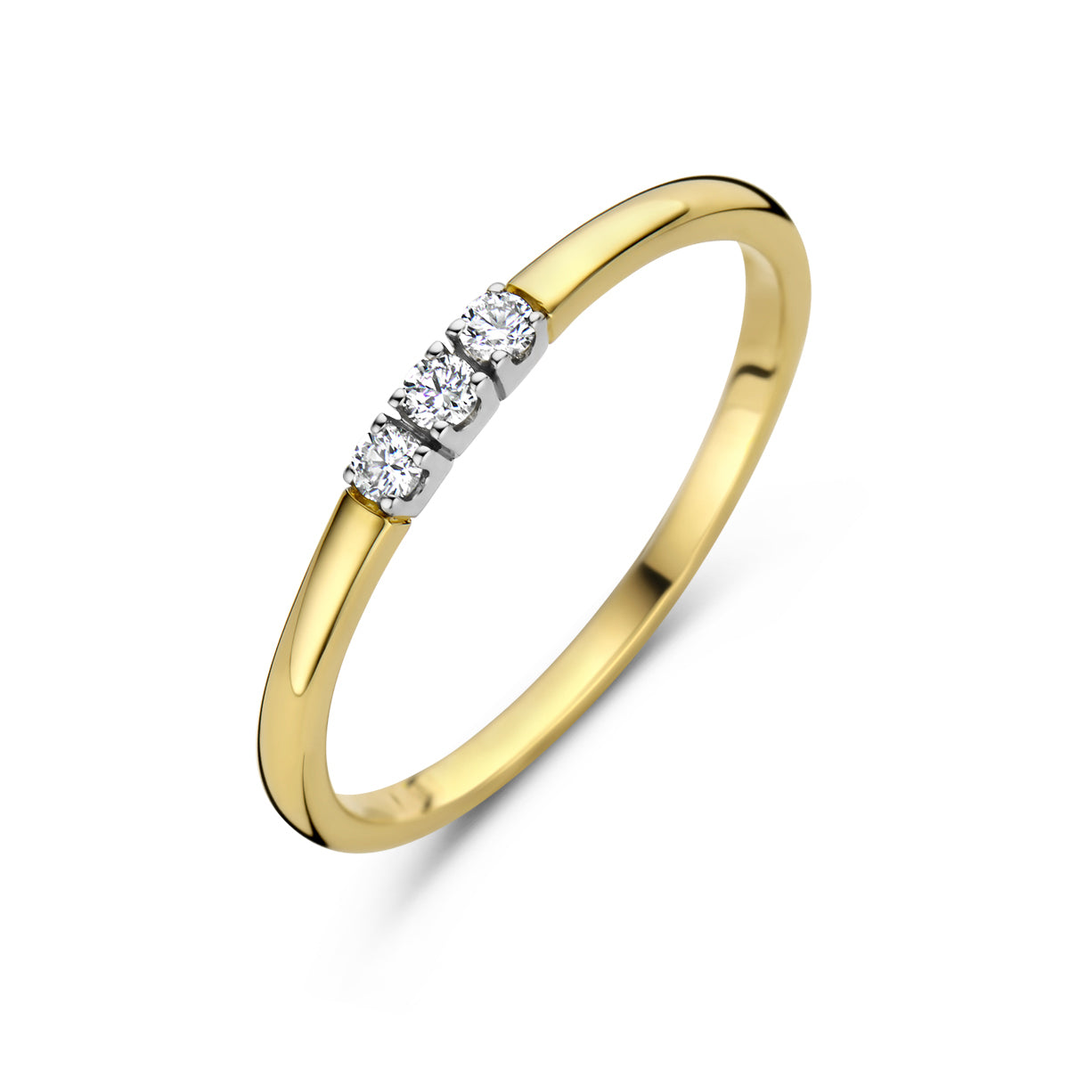 Schuin bovenaanzicht van de bicolor gouden memoire ring met diamant van 14 karaat.