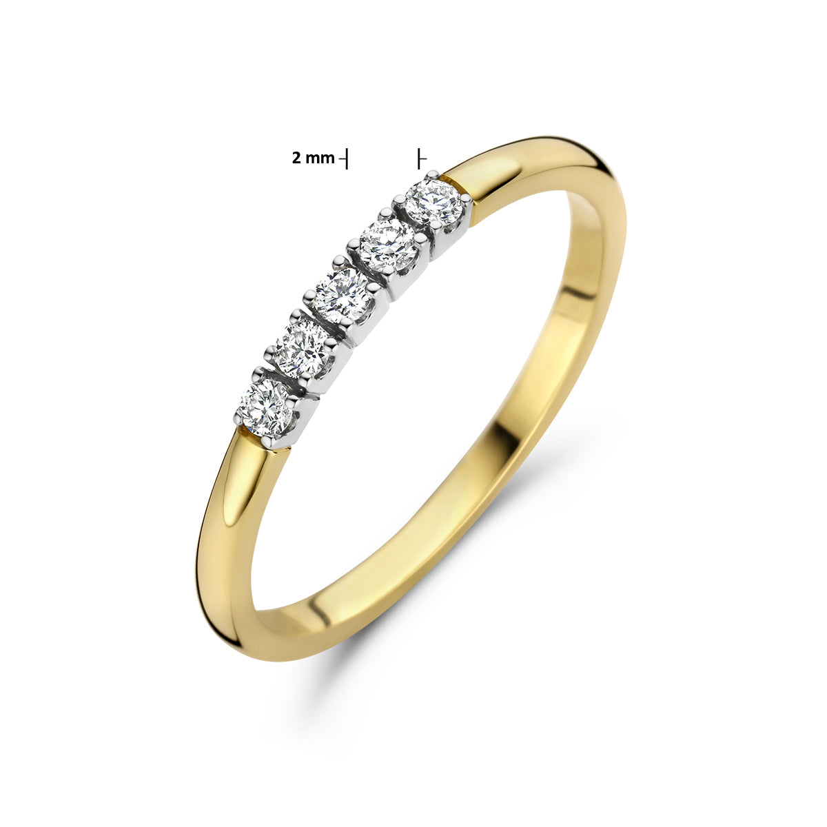 Afmetingen van de bicolor gouden memoire ring met diamant van 14 karaat: 2 mm breed, 0,15 ct.