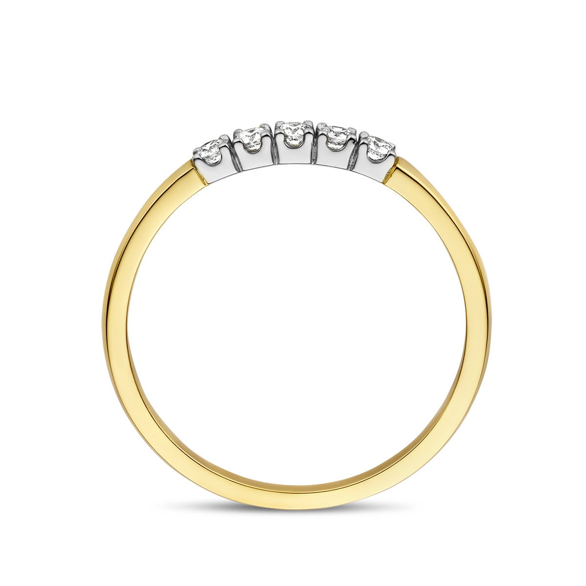 Zijaanzicht van de bicolor gouden memoire ring met diamant van 14 karaat, 0,15 ct.