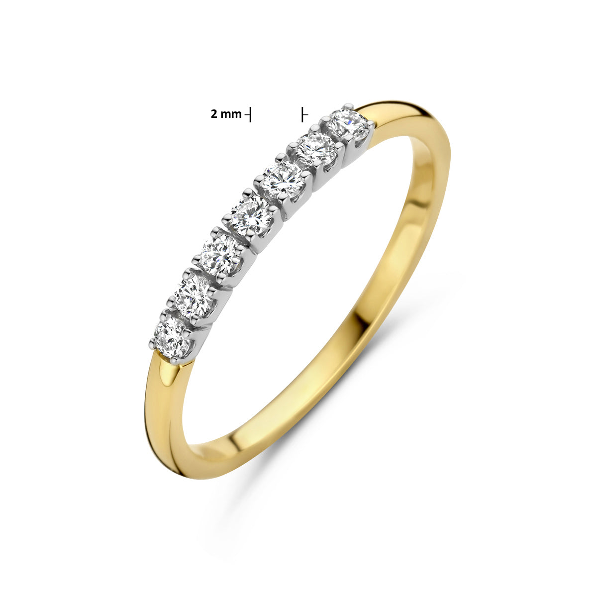 Afmetingen van de bicolor gouden memoire ring met diamant van 14 karaat: 2 mm breed, 0,21 ct.