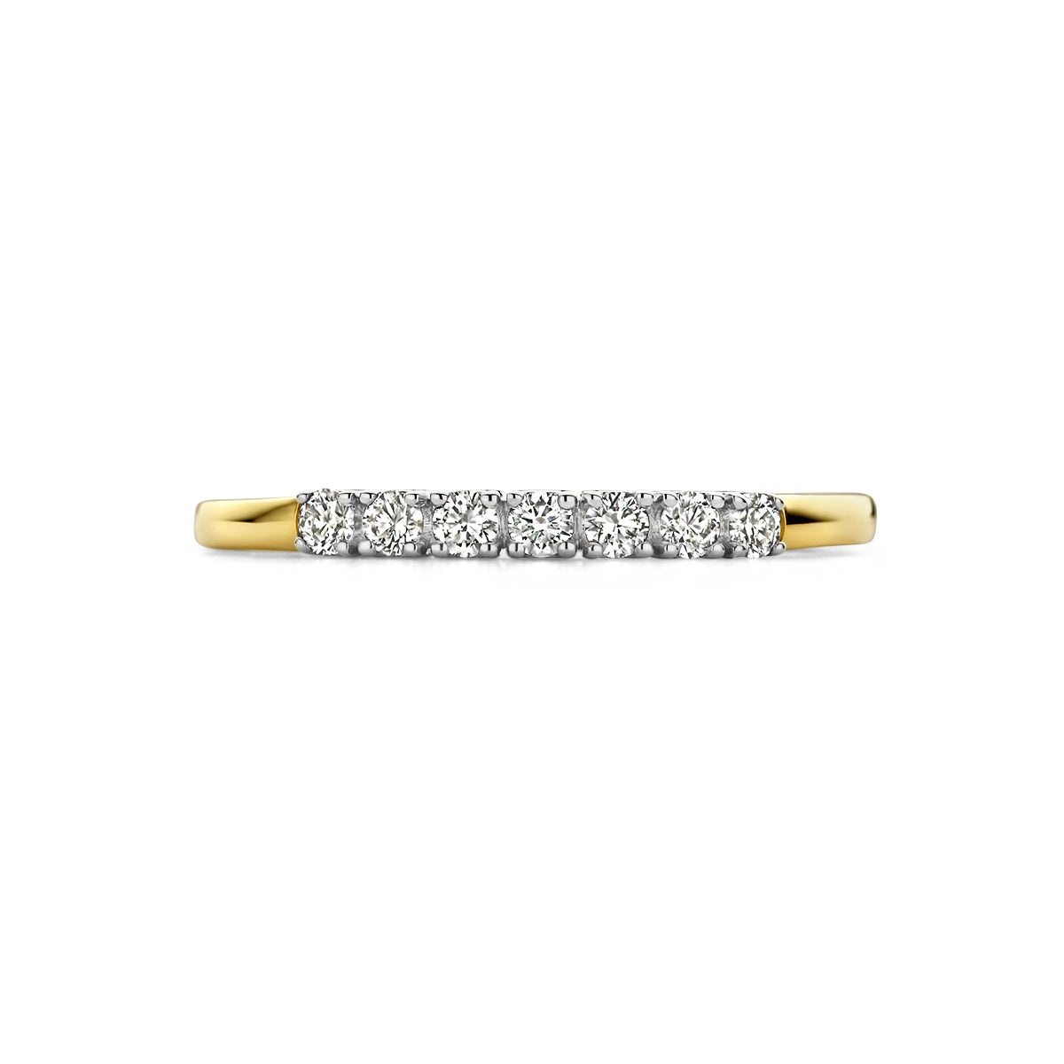 Bovenaanzicht van de bicolor gouden memoire ring met diamant van 14 karaat, 0,21 ct.