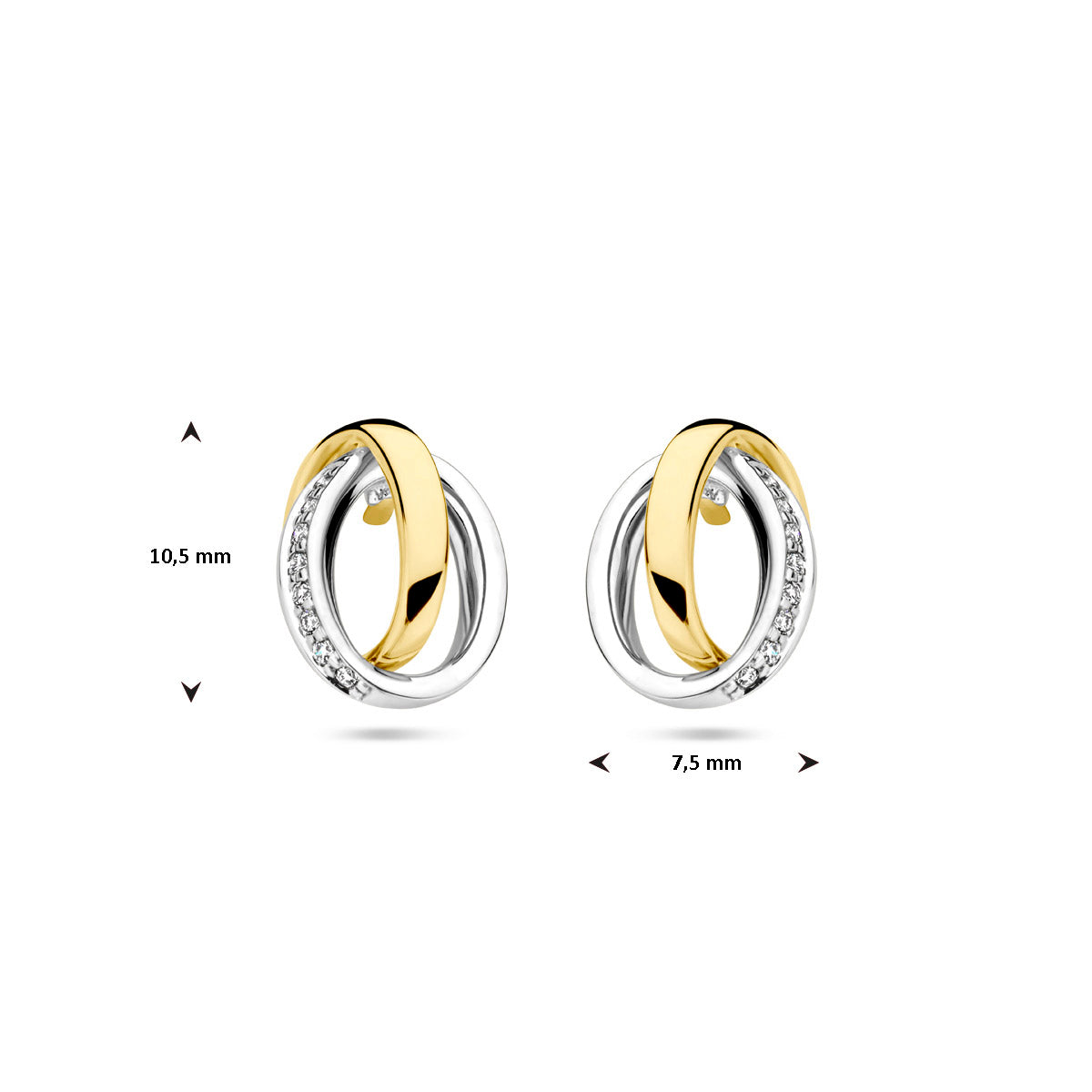 Afmetingen van de bicolor gouden oorknopjes met diamant van 14 karaat: 10,5 mm hoog en 7,5 mm breed.