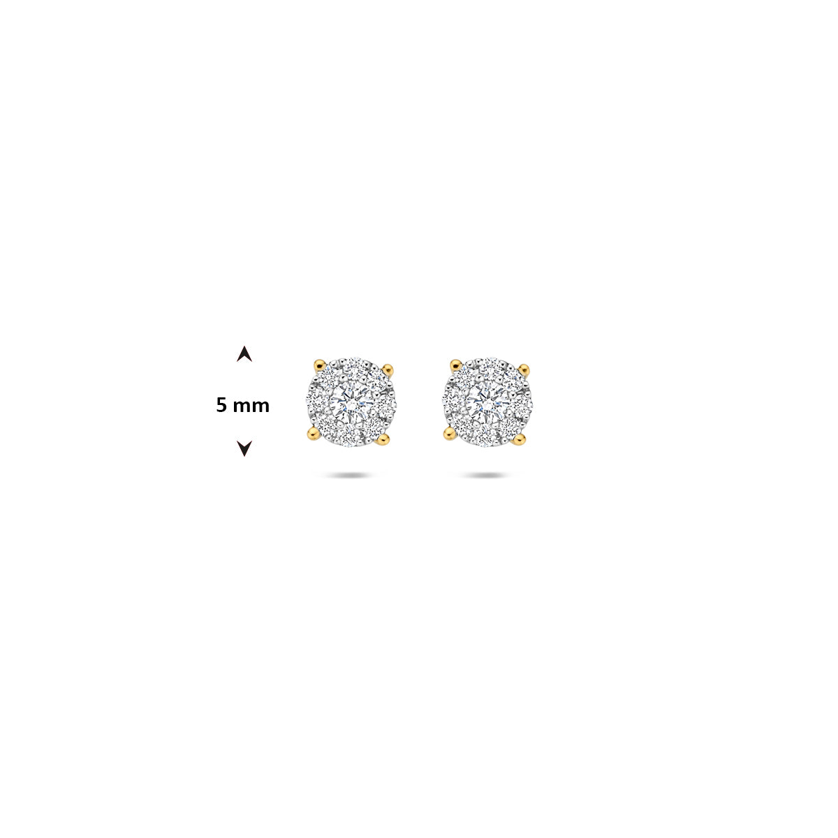 Afmetingen van de bicolor gouden oorknopjes met diamant van 14 karaat: 5 mm doorsnee.
