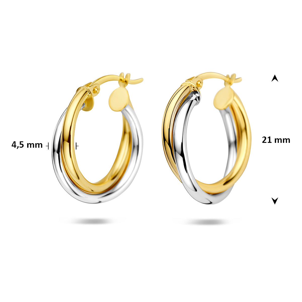 Technische afbeelding van de 14 karaat bicolor gouden oorringen met afmetingen, 21 mm hoog en 18,5 mm breed.