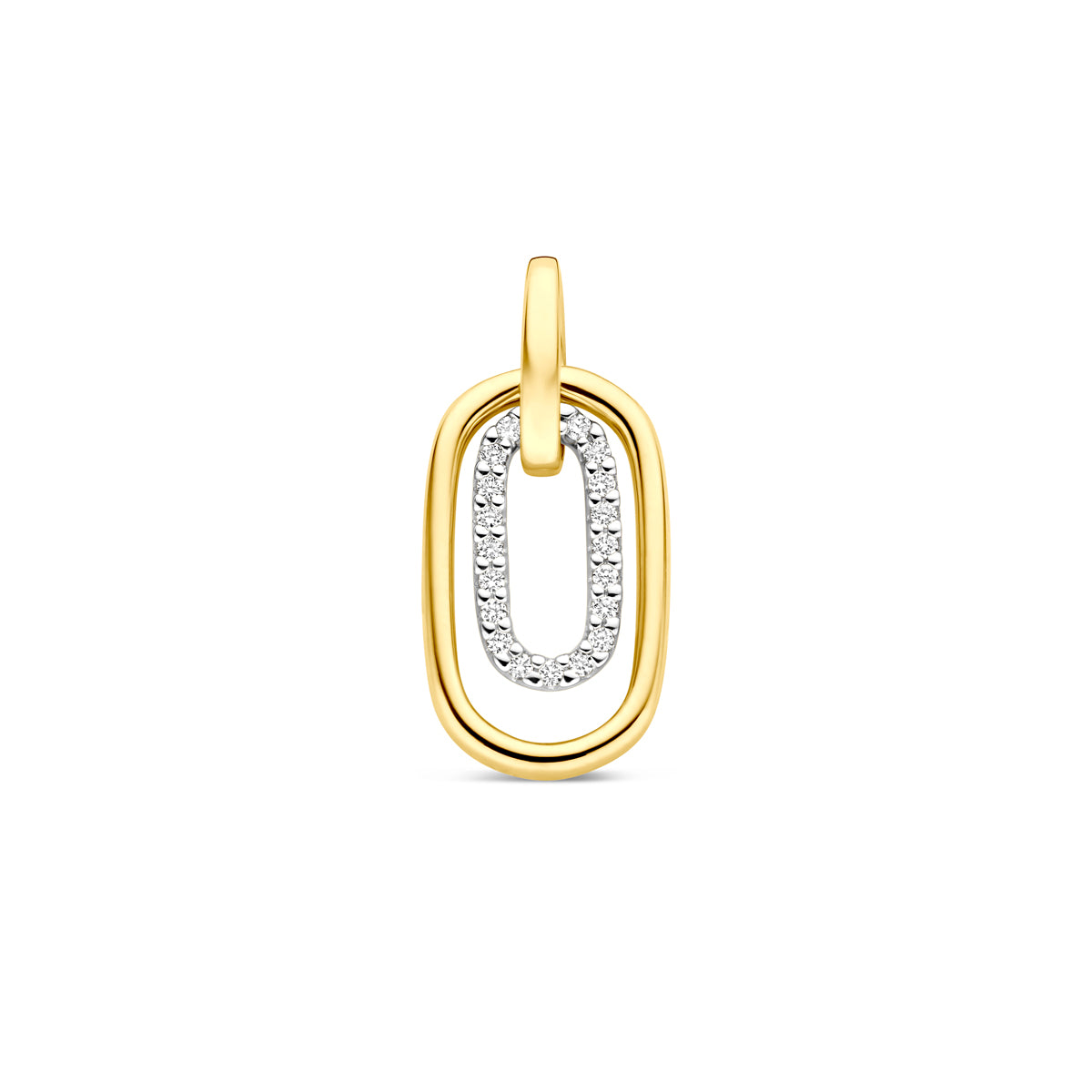 Vooraanzicht van de bicolor gouden hanger met diamant van 14 karaat.
