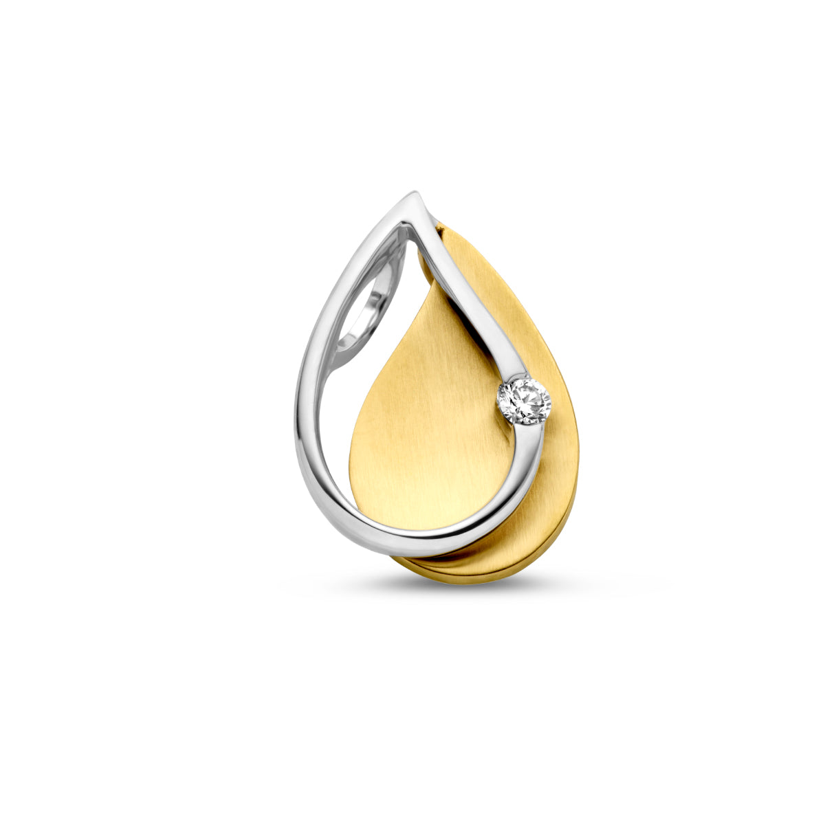 Vooraanzicht van de bicolor gouden peervormige hanger met diamant van 14 karaat.