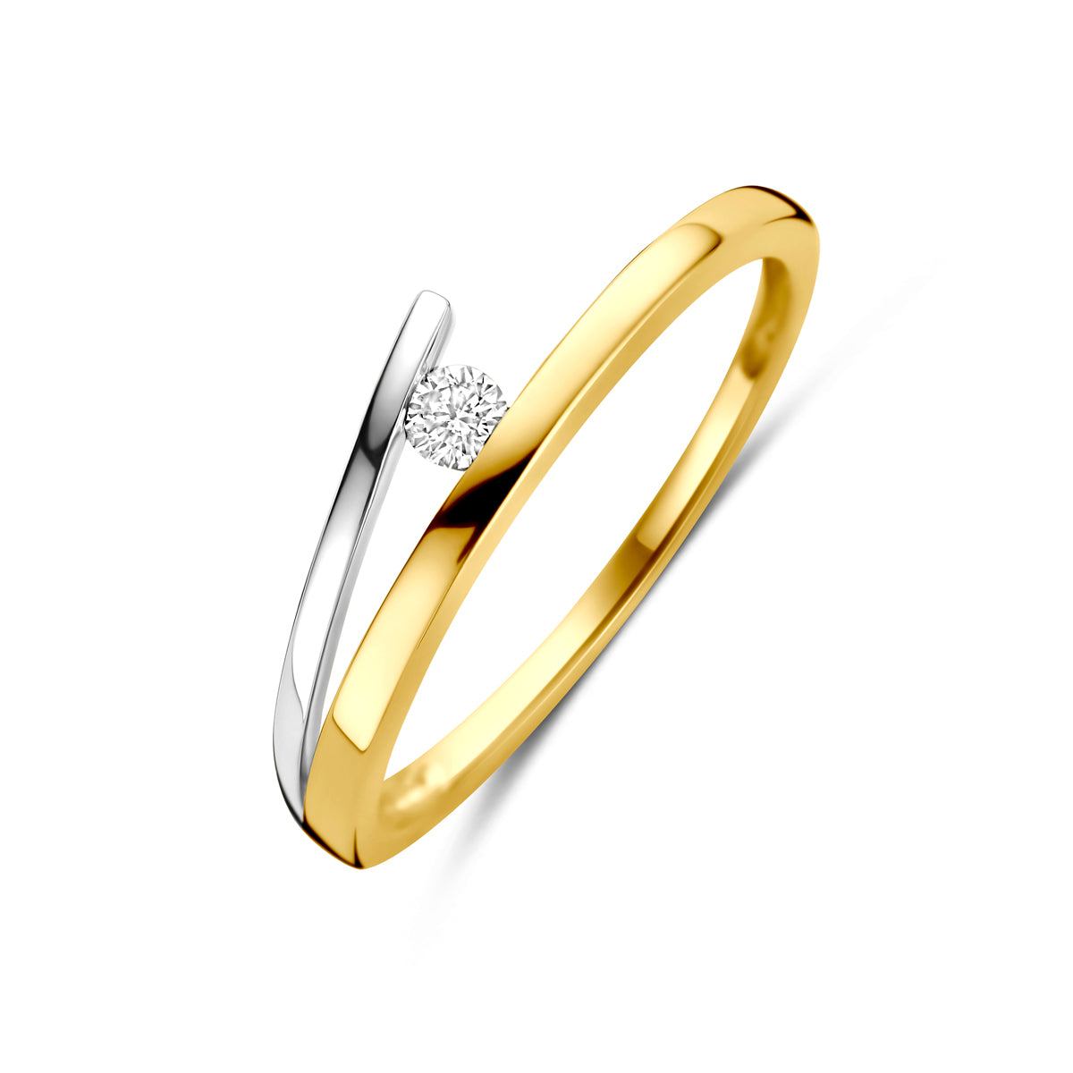 Schuin bovenaanzicht van de bicolor gouden ring met diamant van 14 karaat.