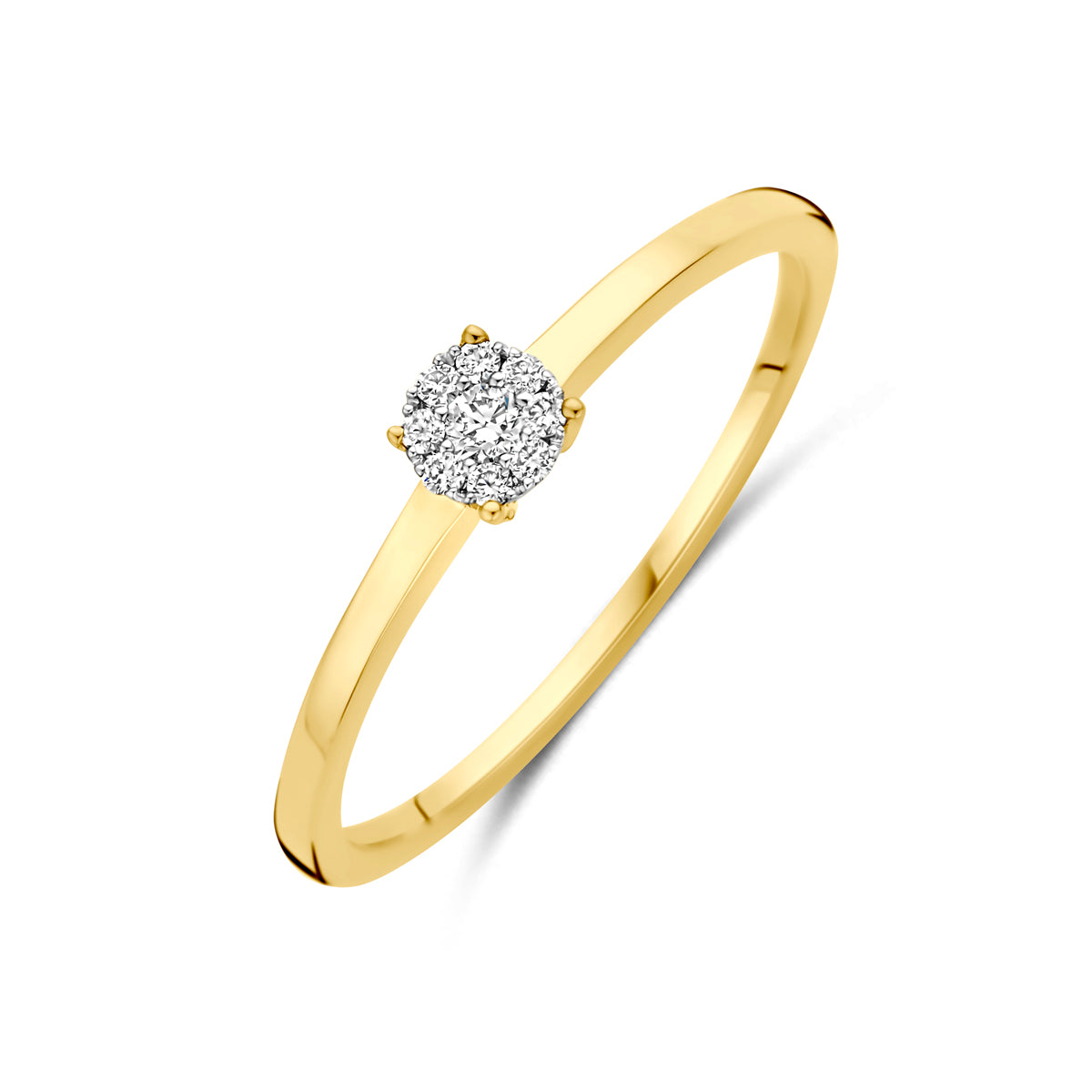 Schuin bovenaanzicht van de bicolor gouden ring met diamant van 14 karaat.