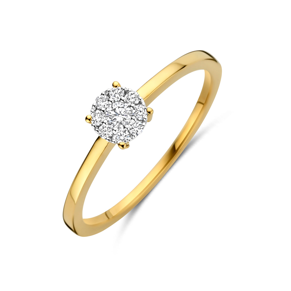 Schuin bovenaanzicht van de bicolor gouden ring met diamant van 14 karaat.