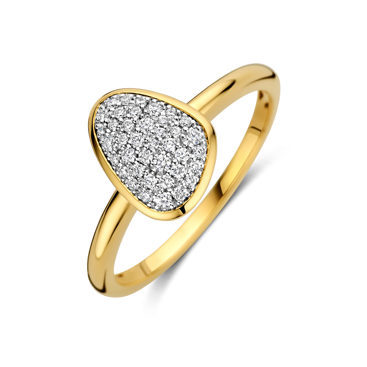 Schuin bovenaanzicht van de bicolor gouden ring met diamant van 14 karaat.
