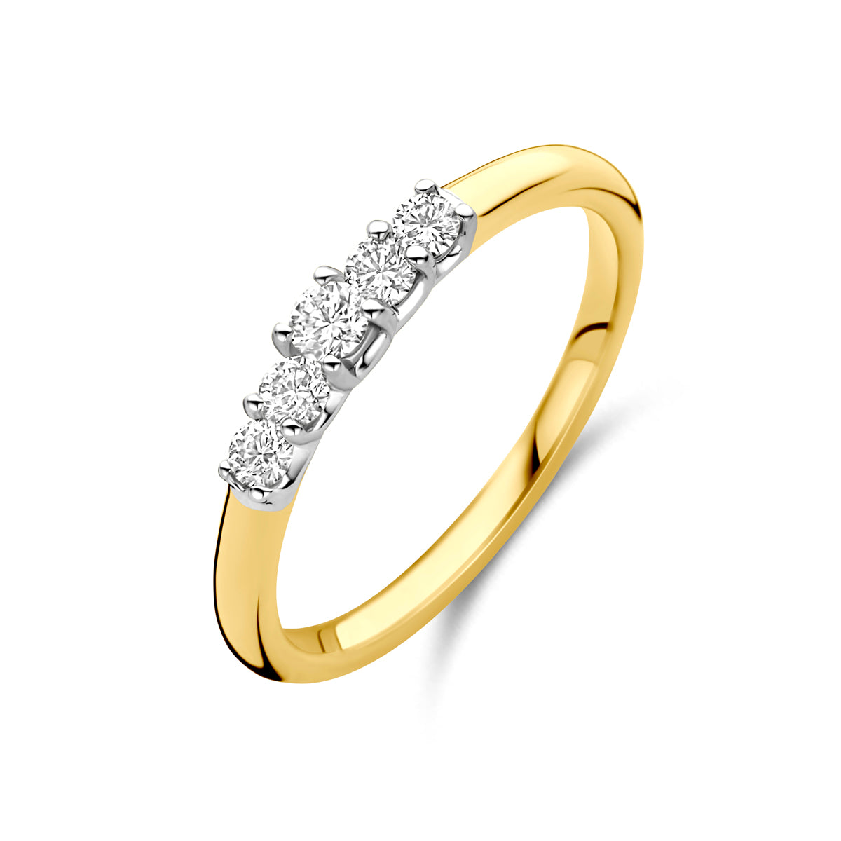 Schuin bovenaanzicht van de bicolor gouden ring met diamant van 14 karaat.