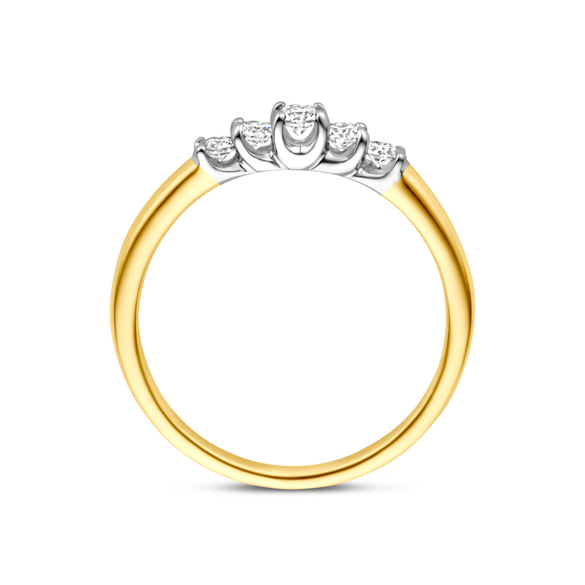 Zijaanzicht van de bicolor gouden ring met diamant van 14 karaat.