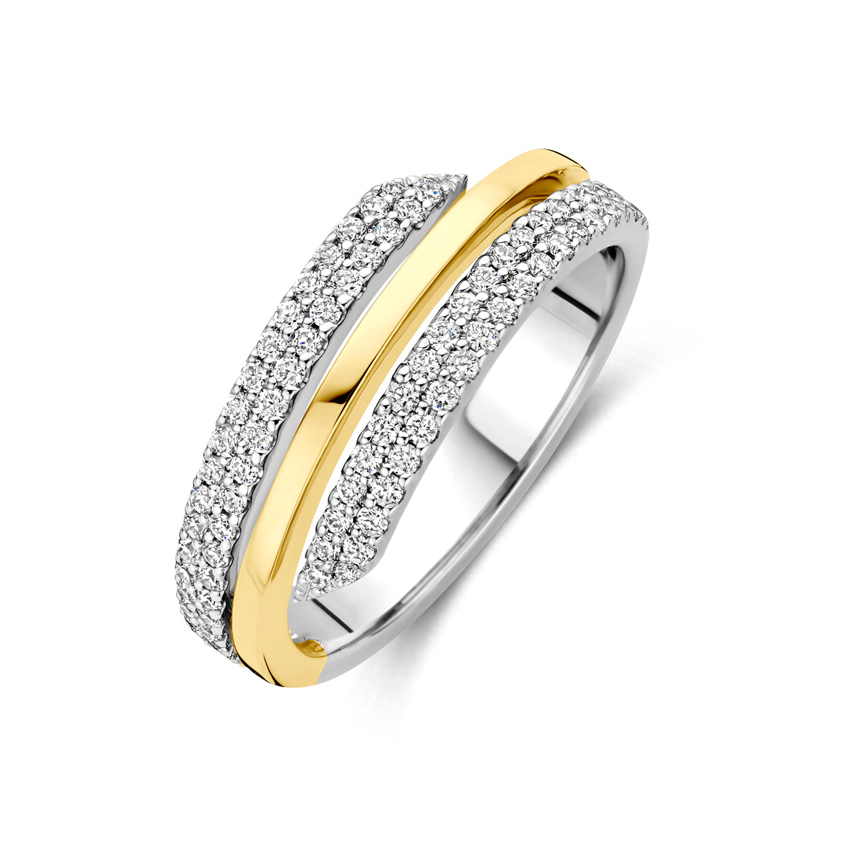 Schuin bovenaanzicht van de bicolor gouden ring met diamant van 14 karaat.