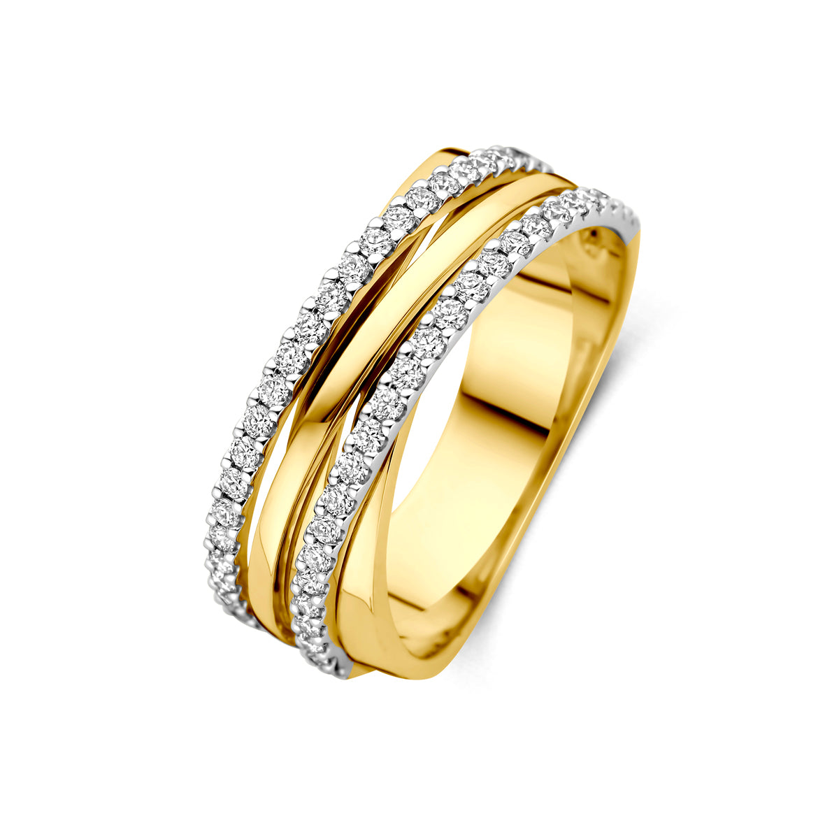 Schuin bovenaanzicht van de bicolor gouden ring met diamant van 14 karaat.