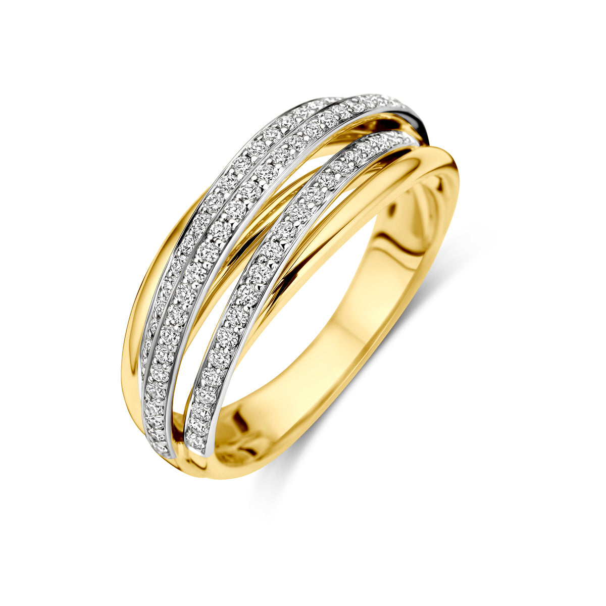 Schuin bovenaanzicht van de bicolor gouden ring met diamant van 14 karaat.