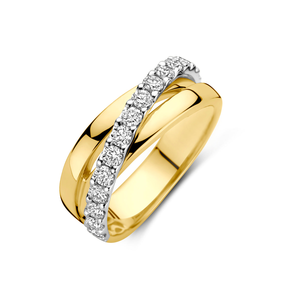Schuin bovenaanzicht van de bicolor gouden ring met diamant van 14 karaat.
