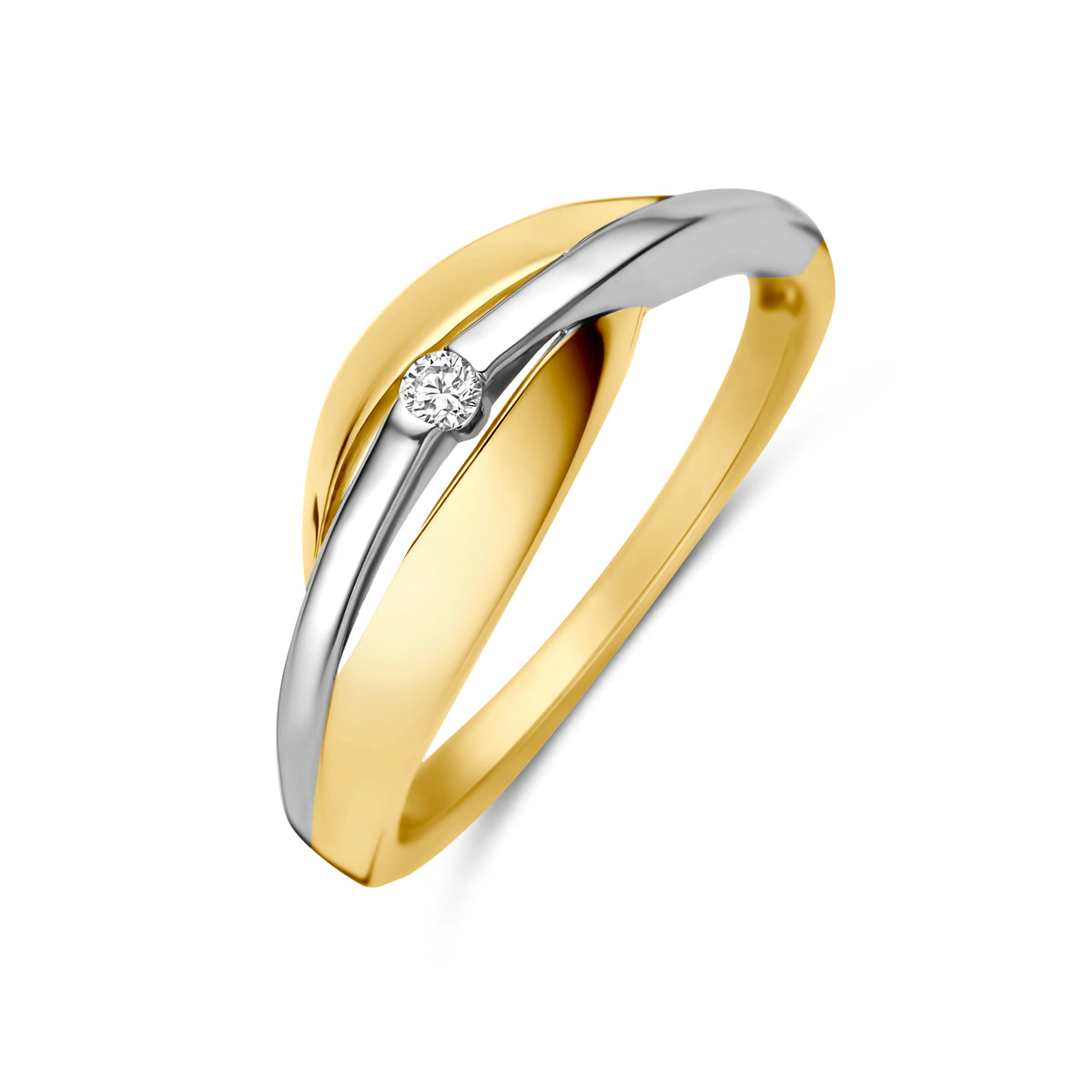 Schuin bovenaanzicht van de bicolor gouden ring met lab grown diamant van 14 karaat.