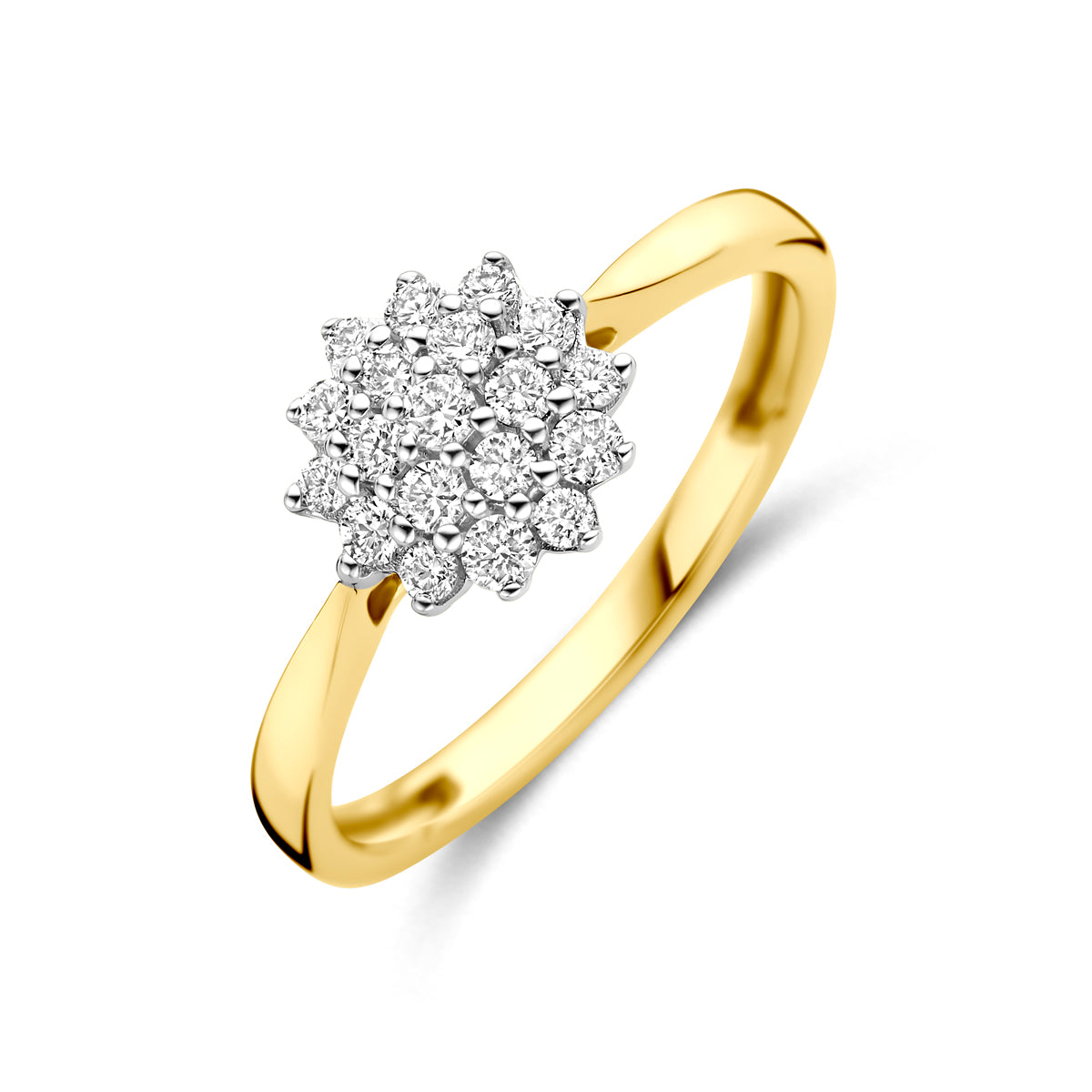 Schuin bovenaanzicht van de bicolor gouden ring met lab grown diamant van 14 karaat.