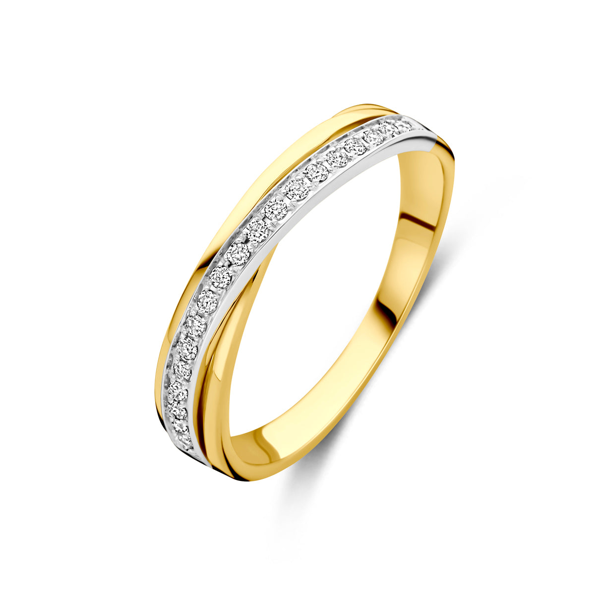 Schuin bovenaanzicht van de bicolor gouden ring met diamant van 14 karaat.