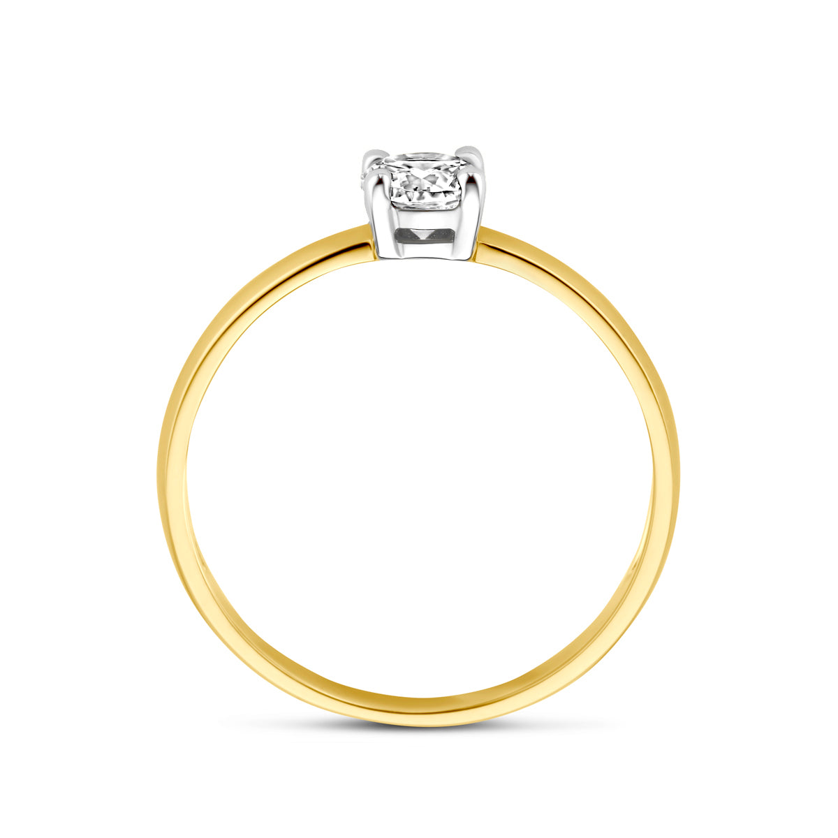 Zijaanzicht van de 14 karaat bicolor gouden ring met zirkonia, zodat het profiel van de ring zichtbaar is.