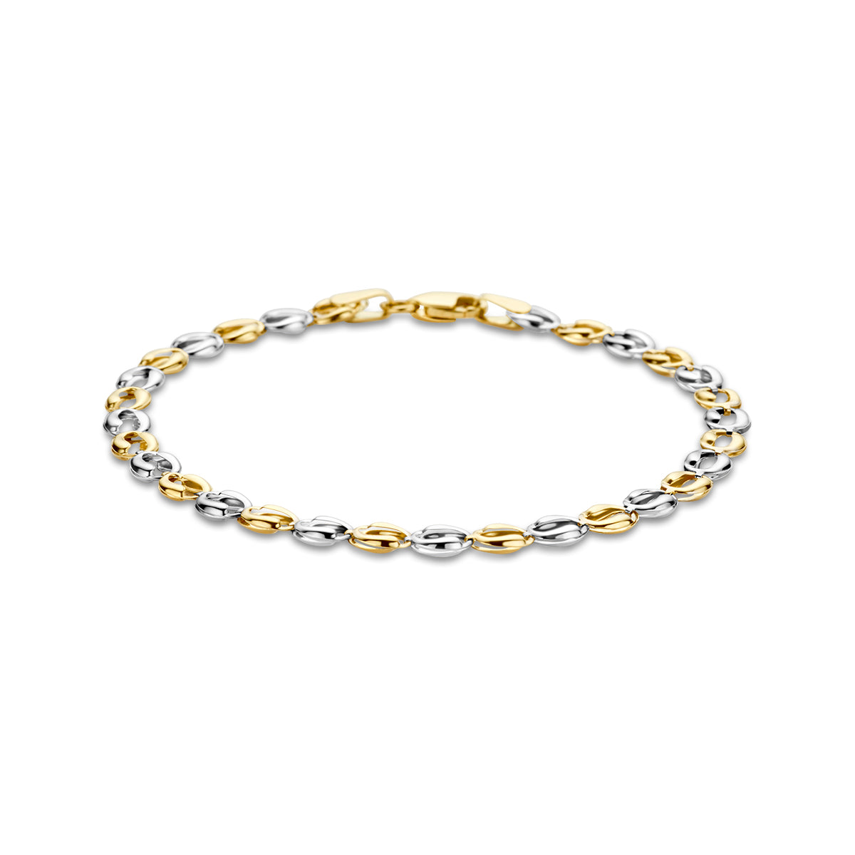 Vooraanzicht van de bicolor gouden schakelarmband van 14 karaat.