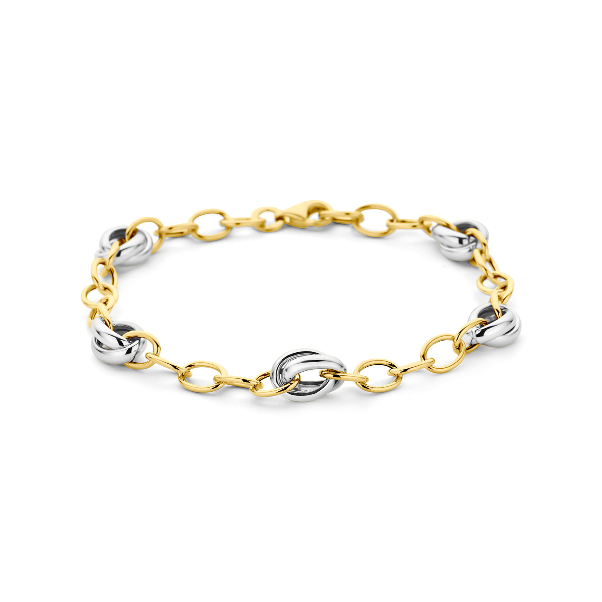 Vooraanzicht van de bicolor gouden schakelarmband van 14 karaat.
