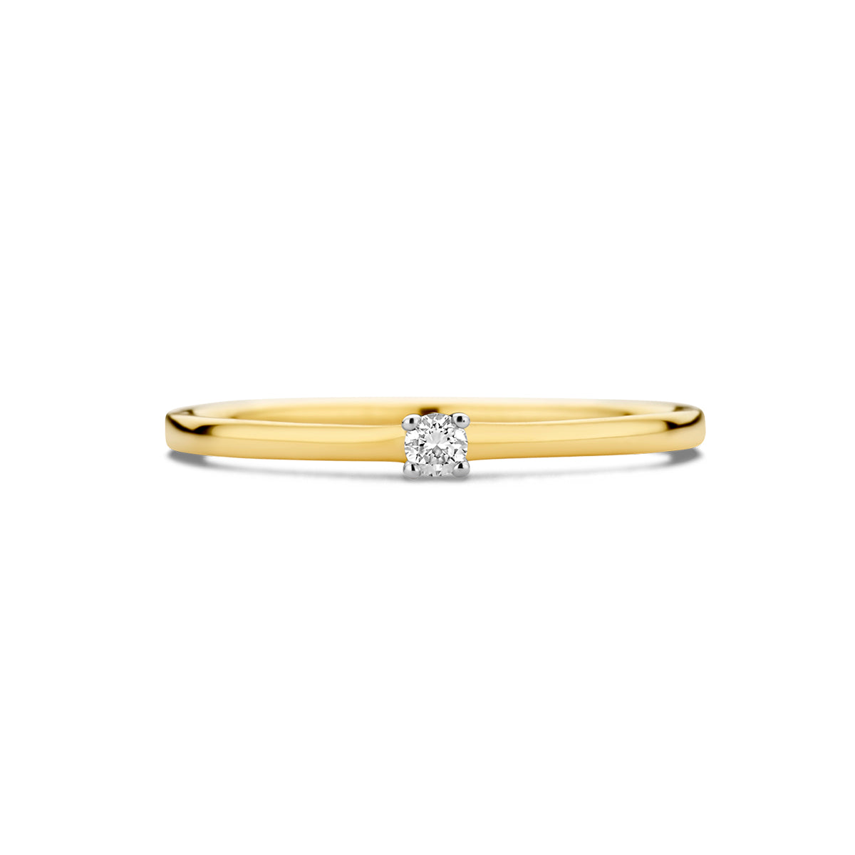 Bovenaanzicht van de bicolor gouden solitair ring met diamant van 14 karaat, 0,05 ct.